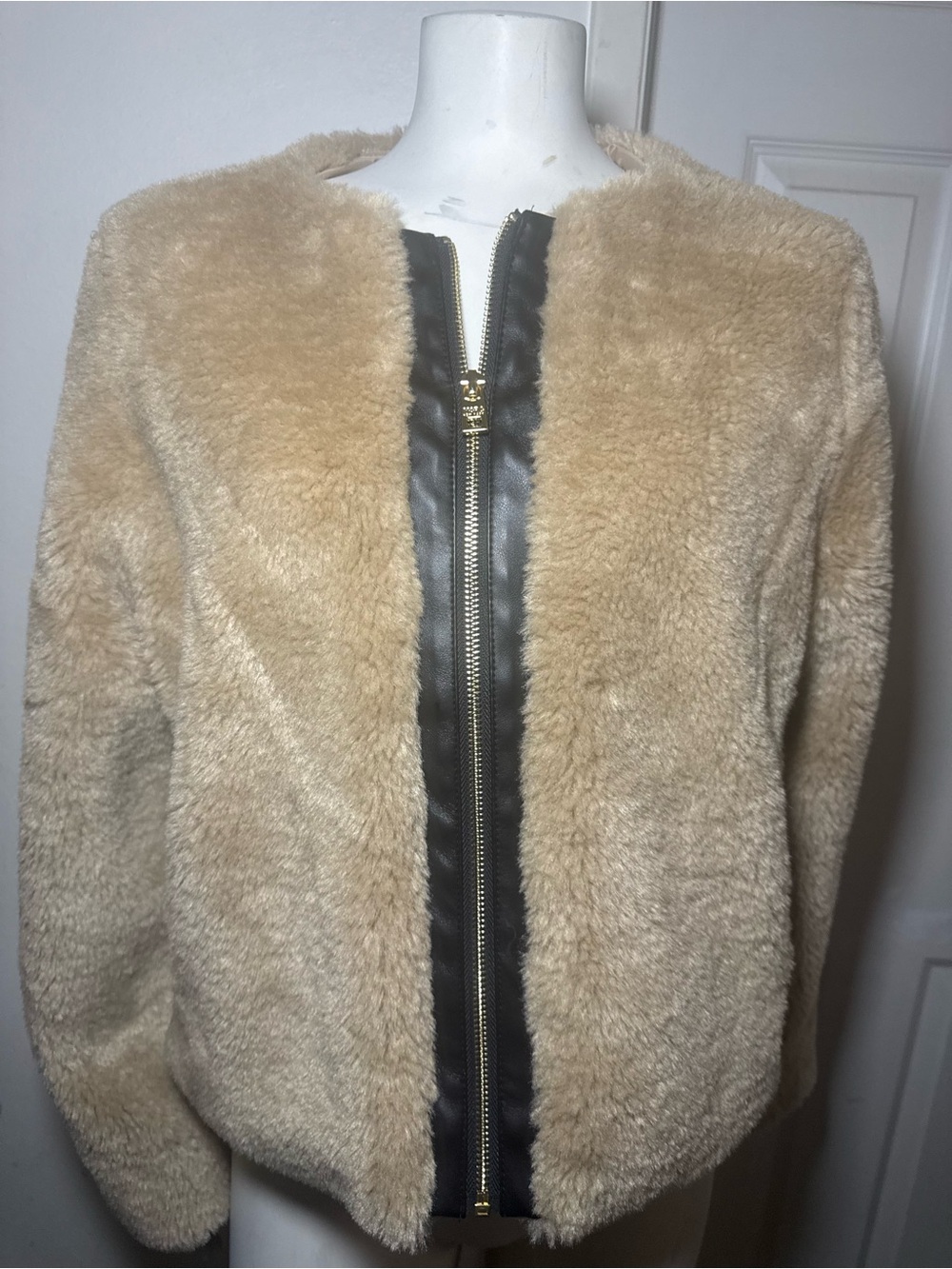 Marc New York Tan Faux Shearling Jacket with Black Trim